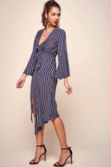 Jaedyn Waist Tie Bell Sleeve Dress Navy