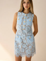 Flower-Shaped Button Lace Mini Dress