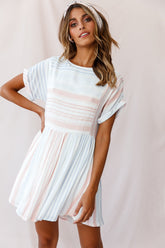 Susie Rolled Sleeve Crew Neck Swing Dress Stripe Print Blue/Peach