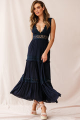 Indio Crochet Insert Deep V-Neckline Maxi Dress Navy