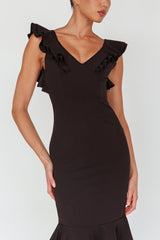 Pearl Ruffle Strap High-Low Hem Dress Black