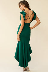 Pearl Ruffle Strap High-Low Hem Dress Forest Green