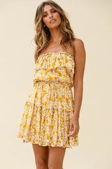 Raquel Strapless Layered Dress Floral Print Mustard
