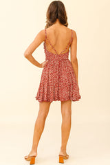 Dote On Me Frill Trim Strappy Back Dress Flower Print Wine