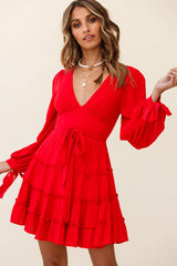 Jocelyn Long Sleeve Tied Cuff Frill Dress Red