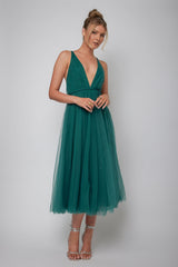 Floating By Plunging Neckline Mesh Overlay Midi Dress Forest Green