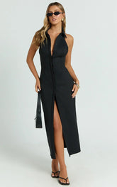 Lillibelle Midi Dress - Collared Button Down Bodycon Dress in Black