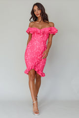 Rossi Off-Shoulder Double Ruffle Lace Dress Hot Pink