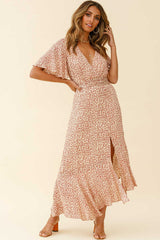 Friday Surplice Neckline Front Split Maxi Dress Floral Print Beige