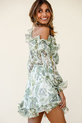 Rhiannon Off-Shoulder Lettuce Frill Dress Floral Print White