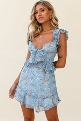 Say That Again Bust Tie Ruffle Trim Dress Floral Print Blue
