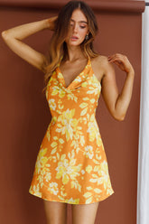 Champagne Showers Halterneck Slip Mini Dress Watercolor Floral Print Yellow
