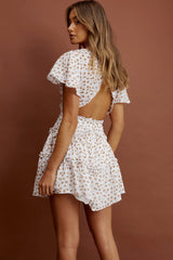 Tres Chic Flutter Sleeve Frill Trim Dress Spotted White