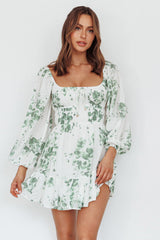 Amilie Shirred Long Sleeve Dress Floral White/Olive