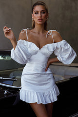 Ode To Love Sweetheart Neckline Balloon Sleeve Dress White