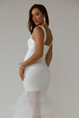 Nadia Tulle Hem Ruched Maxi Dress White