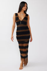 Ximena Tassel Hem Crochet Midi Dress Black/Mocha