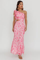 Deanna One-Shoulder Ruffle Midi Dress Floral Pink