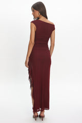Moonlit Magic Asymmetric Neckline Slit Maxi Dress Wine