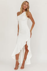 Lights On One-Shoulder Split Ruffle Hem Maxi Dress White