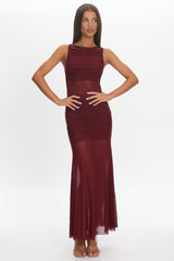 Sade Sheer Panel Ruched Maxi Dress Wine