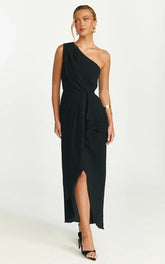 Namaari Midi Dress - Faux Wrap One Shoulder Dress in Black
