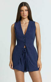 Olivia Top - Longline Linen V Neck Back Tie Vest Top in Navy