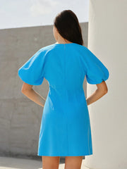 Buttoned Puff-Sleeve Round Neck Mini Dress
