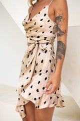 On The Prowl Cowl Neck Asymmetrical Hem Dress Animal Print Beige