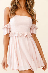 Wayside String Tie Strap Lace Trim Mini Dress Beige