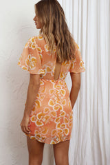 Dionne Angel Sleeve Twist Detail Dress Botanic Print Peach/Yellow