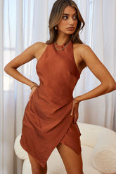 Sonoma Halterneck Faux Wrap Twist Back Mini Dress Chocolate