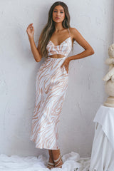 Jasper Cowl Neck Cut-Out Drawstring Back Midi Dress Zebra Print Beige