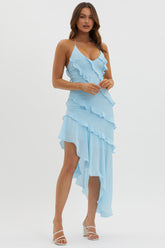 Arrabel Tiered Ruffle Asymmetric Midi Dress Blue