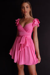 Lola Ruffle Shoulder Ruched Dress Hot Pink