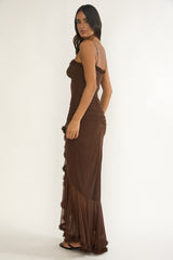 Noelia Gathered Waist Frill Trim Maxi Dress Chocolate