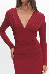 Gilded Long Sleeve Ruched Maxi Dress Wine