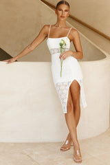 First Kiss Strappy Back Lace Overlay Knee Length Split Dress White
