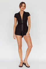 California Girl Short Sleeve Waist Tie Romper Black