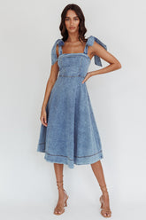Jeanie Bow Shoulder Midi Dress Wash Denim Blue