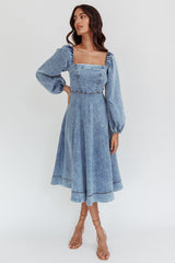 Jeanie Long Sleeve Midi Dress Denim Blue