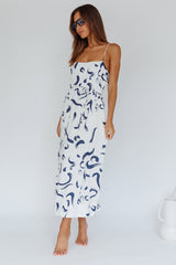 Rossy Waist Tie Midi Dress Printed Navy