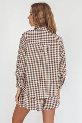 Weekends Away Long Sleeve Button Top Brown Check