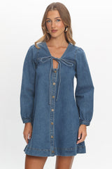 Salty Sea Long Sleeve Mini Dress Denim Blue
