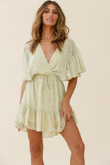 Esme V-Neckline Drawstring Waist Dress Sprinkle Print Lime