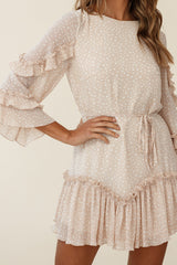 Yours Sincerely Three-Quarter Sleeve Accordion Pleat Dress Spot Print Nude