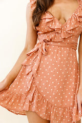 Sunny Monday Ruffle Trim Wrap Style Dress Polka Dot Print Rose
