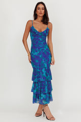 Oskar Tiered Ruffle Hem Mermaid Maxi Dress Abstract Blue