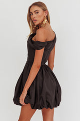 Celinda Asymmetric Neckline Balloon Mini Dress Black