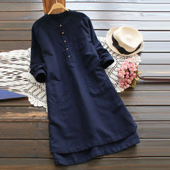 Plus Size Loose Slimming Round Neck Linen-Cotton Maxi Dress